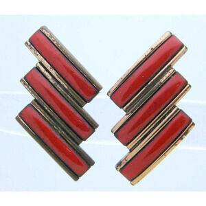 VTG RARE MATISSE Renoir Copper Red Enamel Diagonal Shape Clip Earrings